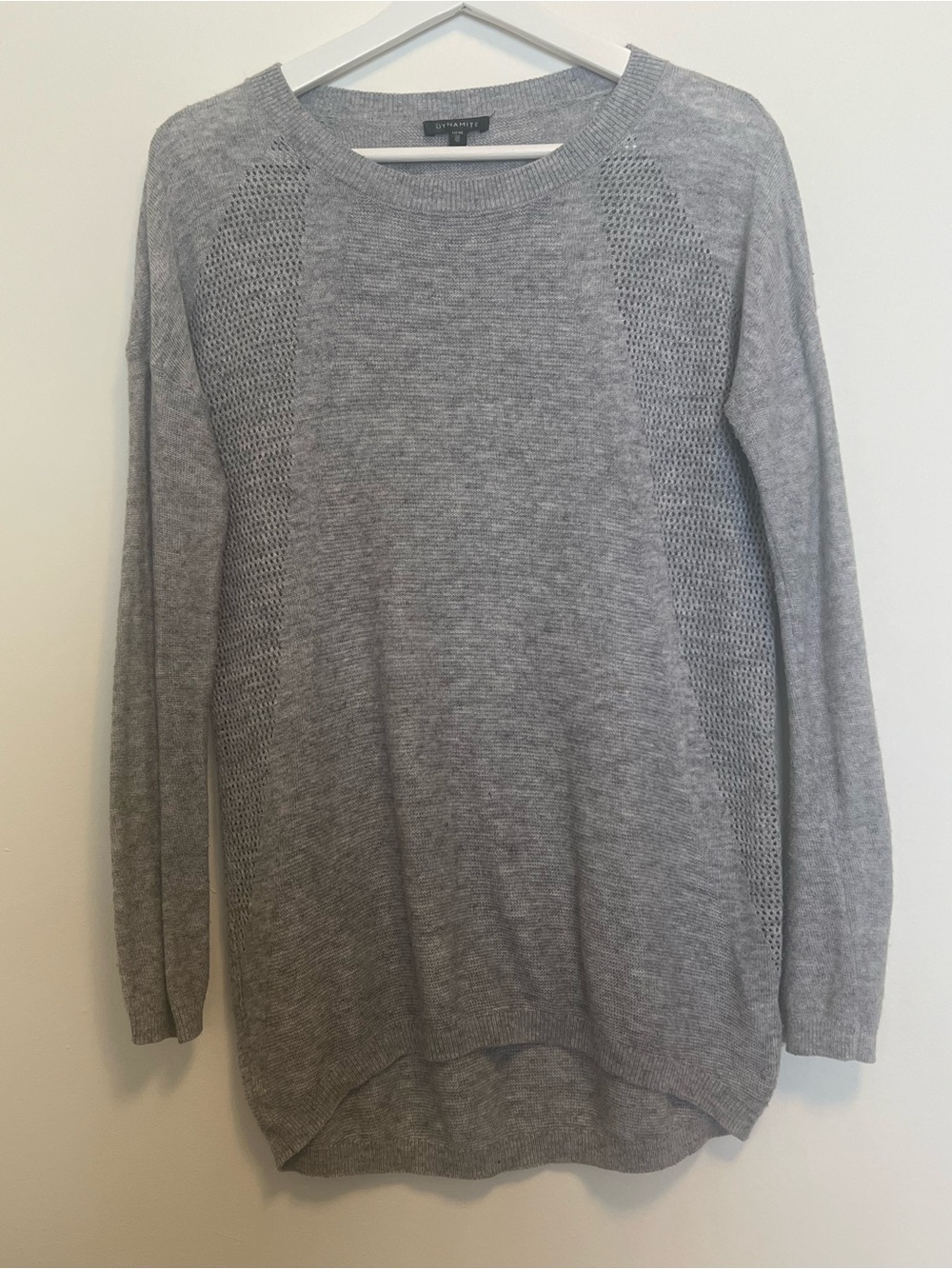 Dynamite Light Gray Crewneck Sweater with Open-Knit Panels